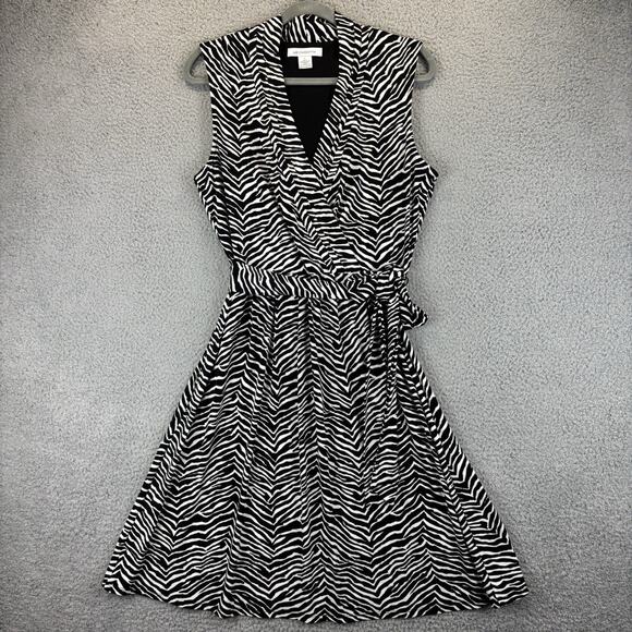 Liz Claiborne Fit & Flare Dress Large Faux Wrap Zebra Career Stretchy Belted - Picture 1 of 7